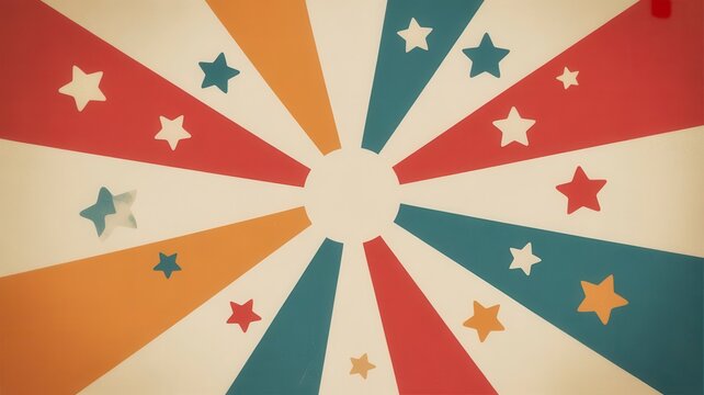 Vintage circus sunburst background with stars, retro patriotic radial rays in red blue and cream, mid-century pop art burst pattern for celebration