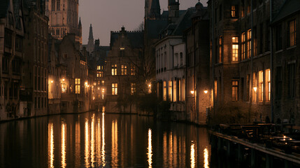 Fototapeta premium Historic Canal Glowing Softly With Reflections Of Old Buildings, Warm Tungsten Interior Light, Macro Lens, Fine Detail, High-Contrast Tones, Photorealistic, Ultra-Detailed