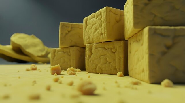 Fresh yellow tofu cubes on wooden board, organic soy bean curd blocks, healthy plant-based protein for vegan cooking and Asian cuisine