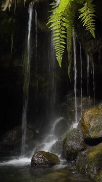 洞の岩を濡らすシダから滴る水 シームレスループ動画背景 9:16 4K