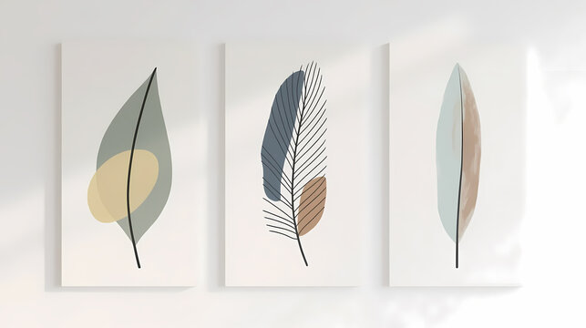 Three feather art prints on white wall