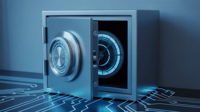 Digital security safe with open door on circuit board background, cyber protection vault for data storage, metallic bank locker for financial assets