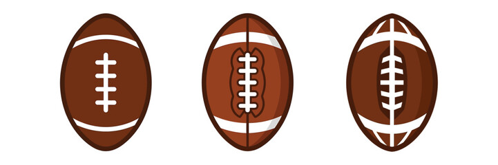 Football ball icon set. Traditional brown american football designs featuring white stripes and lace patterns for sports, games, tournaments, training, teams, and athletic events. © Mahinur