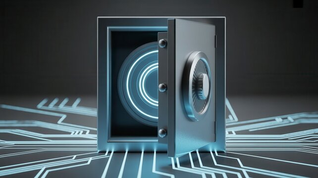Cyber security digital safe box with glowing blue circuit lines, open metal vault for data protection, futuristic financial security concept