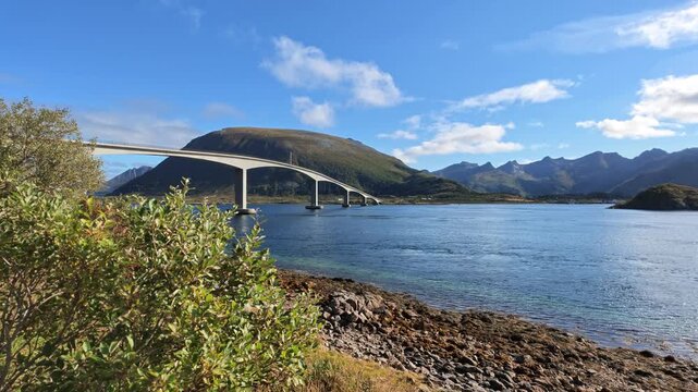 Sundklakkstraumen bridge in the Lofoten Islands, Norway. The Sundklakkstraumen bridge connects Gims&oslash;ya with Vestv&aring;g&oslash;ya