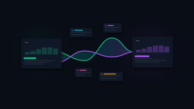Futuristic dark slate and neon emerald-violet data flow infographic animation on a 4K canvas featuring glowing glassmorphism dashboard cards, live telemetry viewport charts, dynamic wave trajectories,