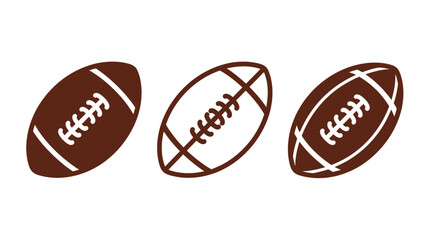 Football ball icon set. Traditional brown american football designs featuring white stripes and lace patterns for sports, games, tournaments, training, teams, and athletic events. © Mahinur