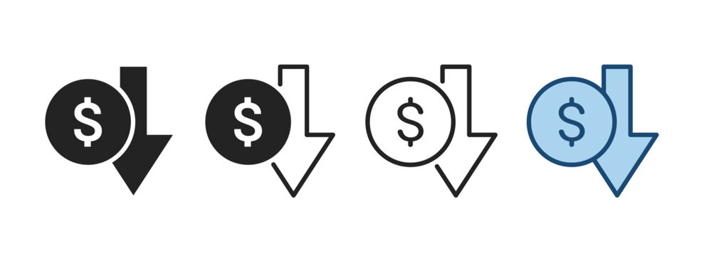 Cost reduction icon. Price lower arrow. Price Reduction sign. Save money symbols.