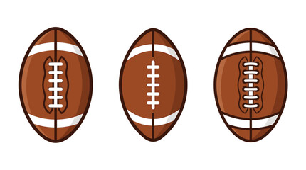 Football ball icon set. Traditional brown american football designs featuring white stripes and lace patterns for sports, games, tournaments, training, teams, and athletic events. © Mahinur