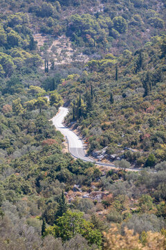 A winding road through a lush, wooded landscape on a Mediterranean island, surrounded by dense greenery and tranquil natural scenery.
