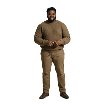 Plus size man standing isolated on a transparent background wearing a textured knit sweater and chinos for professional commercial projects