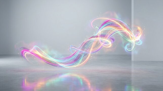 A colorful, abstract light trail with a futuristic, digital aesthetic, flowing through a minimalist, gray room with a reflective floor.