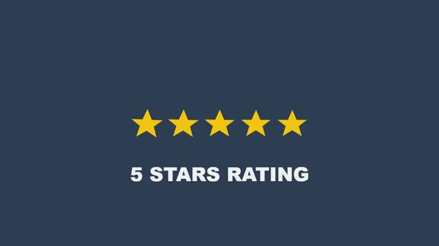 Five yellow stars and rating text animation on dark blue background