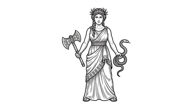 Mythological Ancient Greek Goddess Holding Labrys Double Headed Axe and Snake Engraving Style Vector