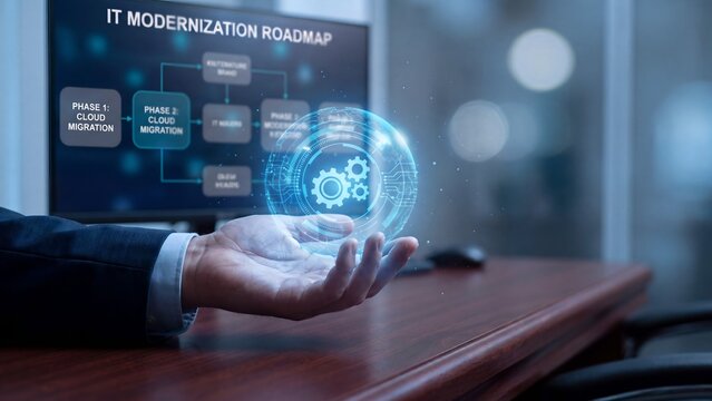 IT modernization cloud migration roadmap platform, executive holding holographic gear system with cloud migration phases diagram on screen, digital transformation, enterprise infrastructure
