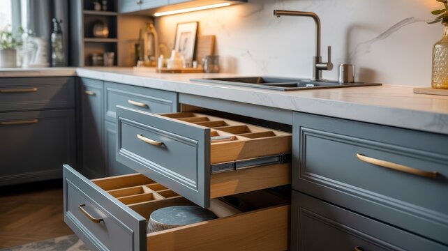 Modern blue kitchen cabinets with open wooden drawers, luxury kitchen interior with marble countertop and sink, organized home storage solutions