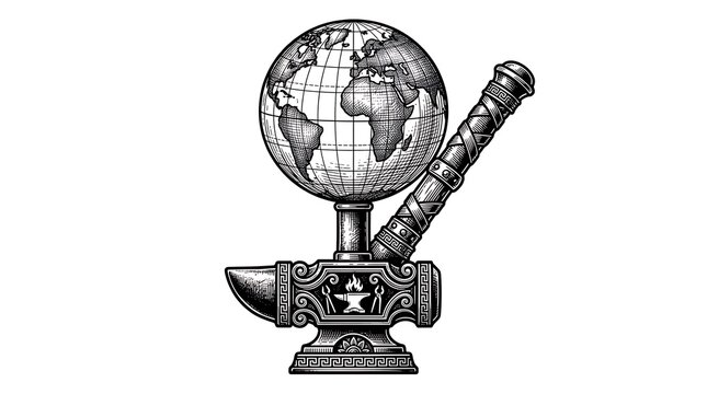 Vintage Woodcut Illustration of a Globe Resting on an Ornate Blacksmith Anvil with a Decorative Hammer