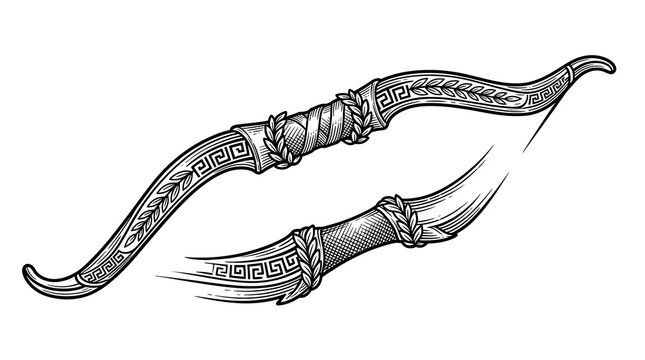 Ancient Greek Archery Bow Illustration with Classic Meander Pattern and Laurel Wreath Ornaments