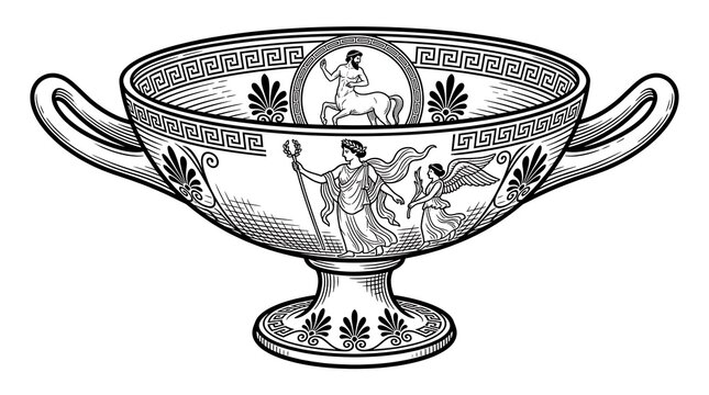 Ancient Greek Pottery Illustration Featuring Mythological Figures, Centaur, and Goddess Line Art