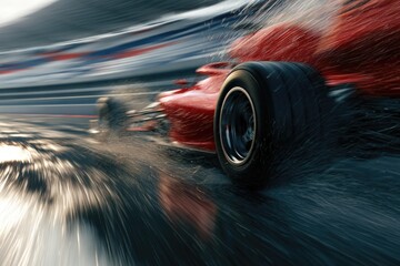 Fototapeta premium A red Formula 1 car races on a wet track, creating dynamic splashes of water as it speeds through a curve during rainy conditions.