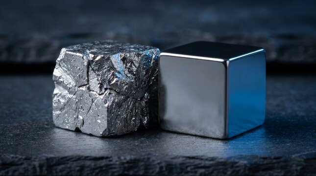 Silver Metal and Rough Stone Cubes on Dark Surface