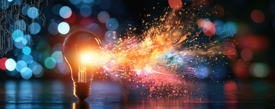 A glowing light bulb emits a vibrant explosion of colorful sparks and particles against a dark, blurred background.
