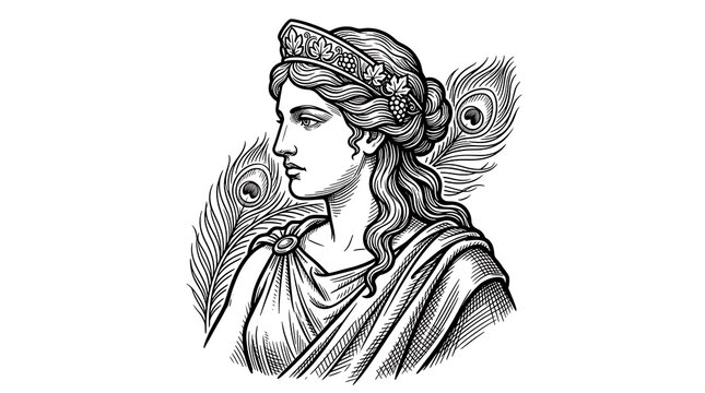 Vintage Engraving of Greek Goddess Hera or Roman Juno with Peacock Feathers and Ornate Royal Crown