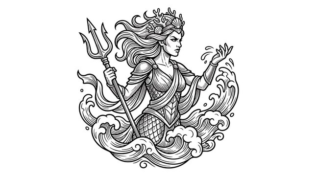 Powerful Sea Goddess Holding Trident Amidst Ocean Waves Vintage Engraving Style Vector Illustration