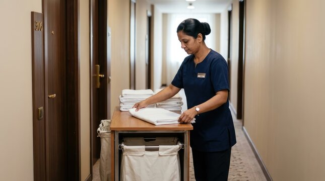 hotel staff organizing towels in hallway