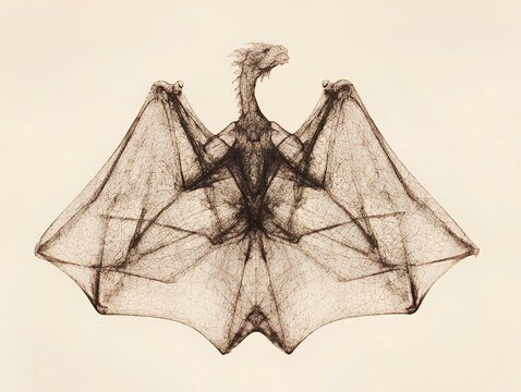 Front-facing composition with wings fully expanded--dragon seen from behind, wings forming a sharp symmetrical arc, textured membranes against the white background.