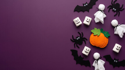 Fototapeta premium Halloween paper craft decoration with pumpkin ghost bat spider and candy. Festive party celebration fun. creative invitation ornament, frame border banner cut-out background