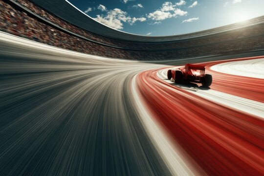 A red Formula 1 race car speeds around a curved track in a packed stadium under a bright blue sky with scattered clouds.