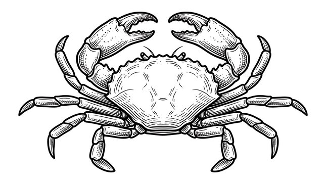 Detailed Vintage Hand Drawn Crab Illustration in Etching Style Isolated on White for Seafood Design