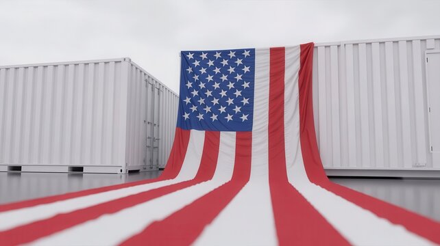 American flag draped over white shipping containers, USA international trade and logistics concept, industrial cargo containers with United States flag