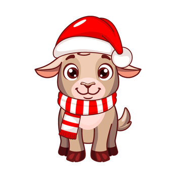 Cute Christmas Goat Wearing Santa Hat and Scarf