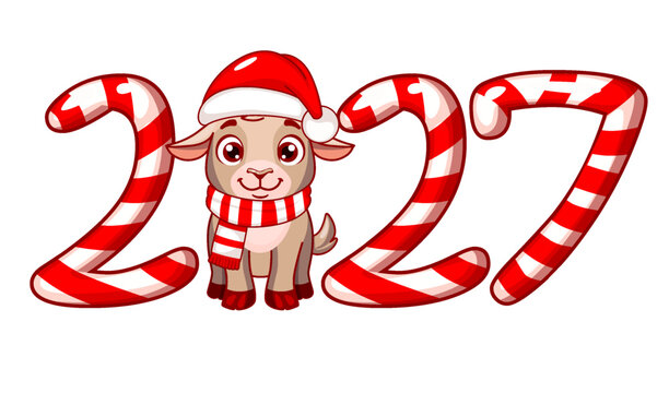 Cute Christmas Goat with Candy Cane 2027 Numbers