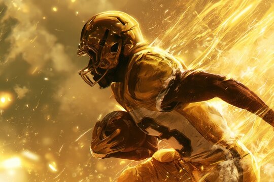 A dynamic digital artwork of an American football player in action, engulfed in fiery golden sparks and motion effects.