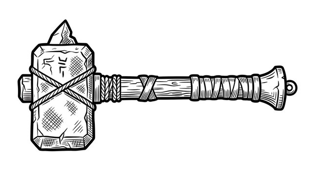 Hand Drawn Mythical Viking Stone Hammer Illustration, Ancient Warrior Mallet Weapon Vector Art Sketch