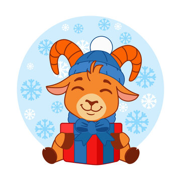 Cute Christmas Goat with Gift Box and Snowflakes