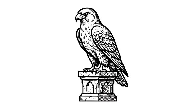 Majestic Eagle Bird of Prey Perched on Ancient Stone Pedestal Vintage Line Art Vector Illustration