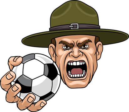 An angry drill instructor or sergeant bootcamp army soldier cartoon character holding soccer football ball sports team mascot illustration.