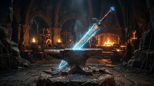 Magical Glowing Sword with Ancient Runes on Blacksmith Anvil in Dark Medieval Fantasy Forge