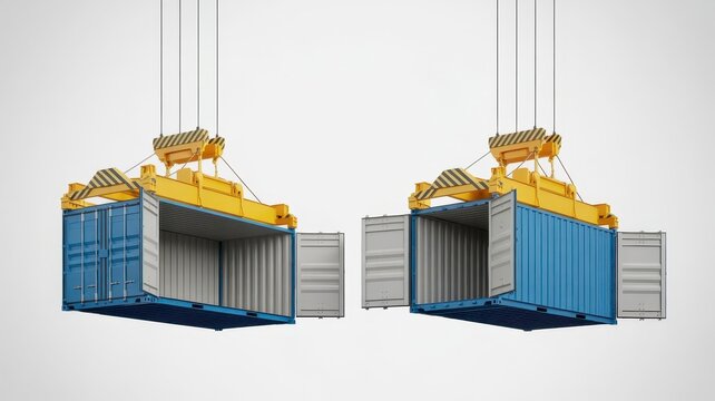 Industrial blue shipping containers suspended by crane, empty cargo freight boxes with open doors, logistics and global trade concept on white background