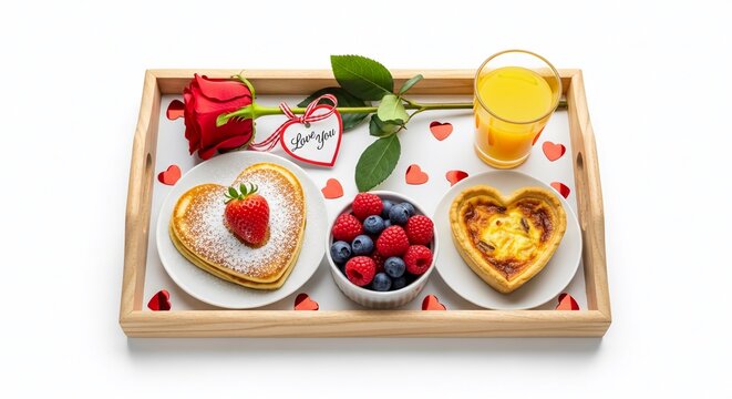 Romantic Valentine's Day breakfast tray in bed with heart shaped pancakes, fresh strawberries, coffee mug and red roses on white bedding background.