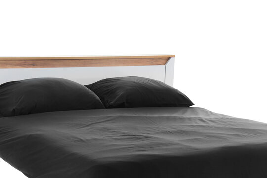 Sleep quality and bedroom interior design, modern bed with black bedding and wooden headboard for home comfort and relaxation in a minimalist bedroom