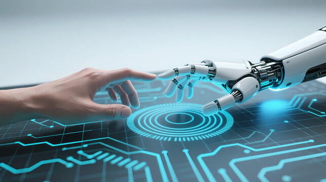 Human hand touching white robotic arm