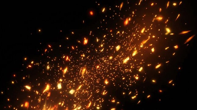 A fiery explosion of sparks and embers against a black background, with a bright orange glow and a sense of chaos and energy.