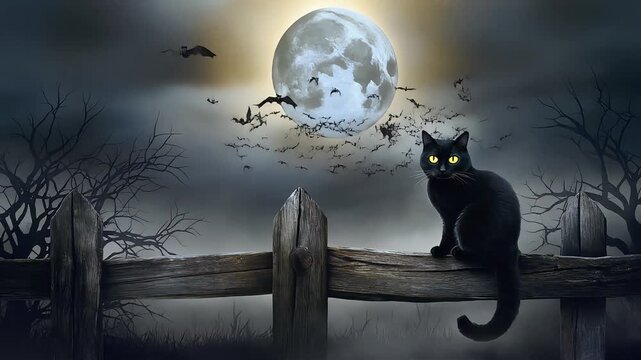 Black cat perched on wooden fence observing swarms of bats flying in moonlight during mysterious halloween animation horror video motion