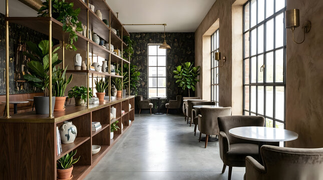Modern cafe interior with wooden shelving and seating.