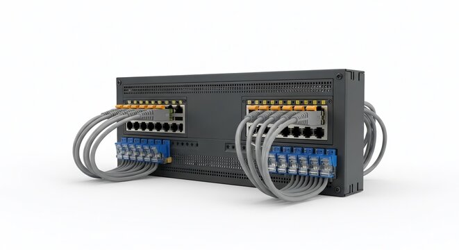Professional network server rack patch panel with organized blue and grey Ethernet cables connected for high speed data transmission in datacenter.